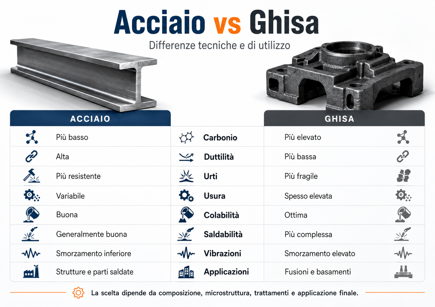 Confronto tra acciaio e ghisa per composizione, duttilità, resistenza, usura, colabilità, saldabilità e applicazioni