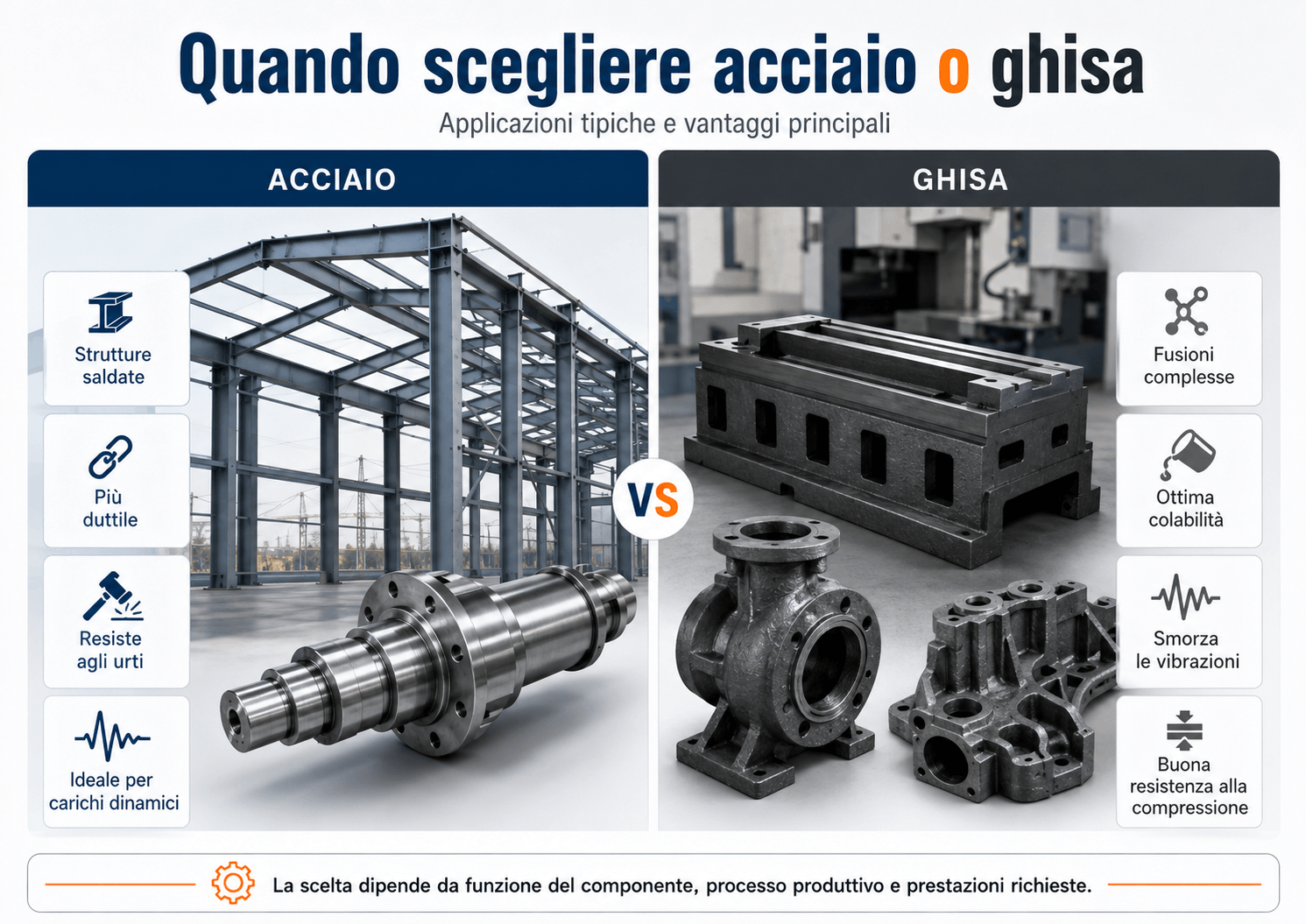 Confronto tra acciaio e ghisa con applicazioni tipiche, vantaggi e criteri di scelta