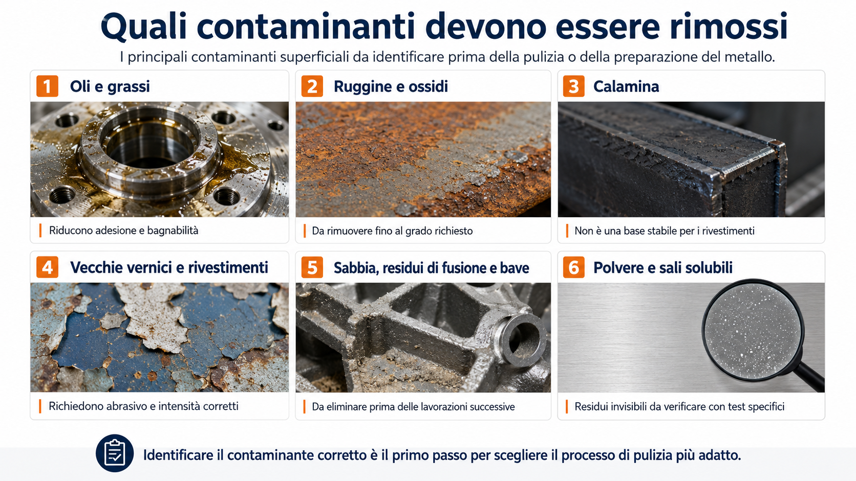 Principali contaminanti da rimuovere dalle superfici metalliche prima della pulizia e della preparazione